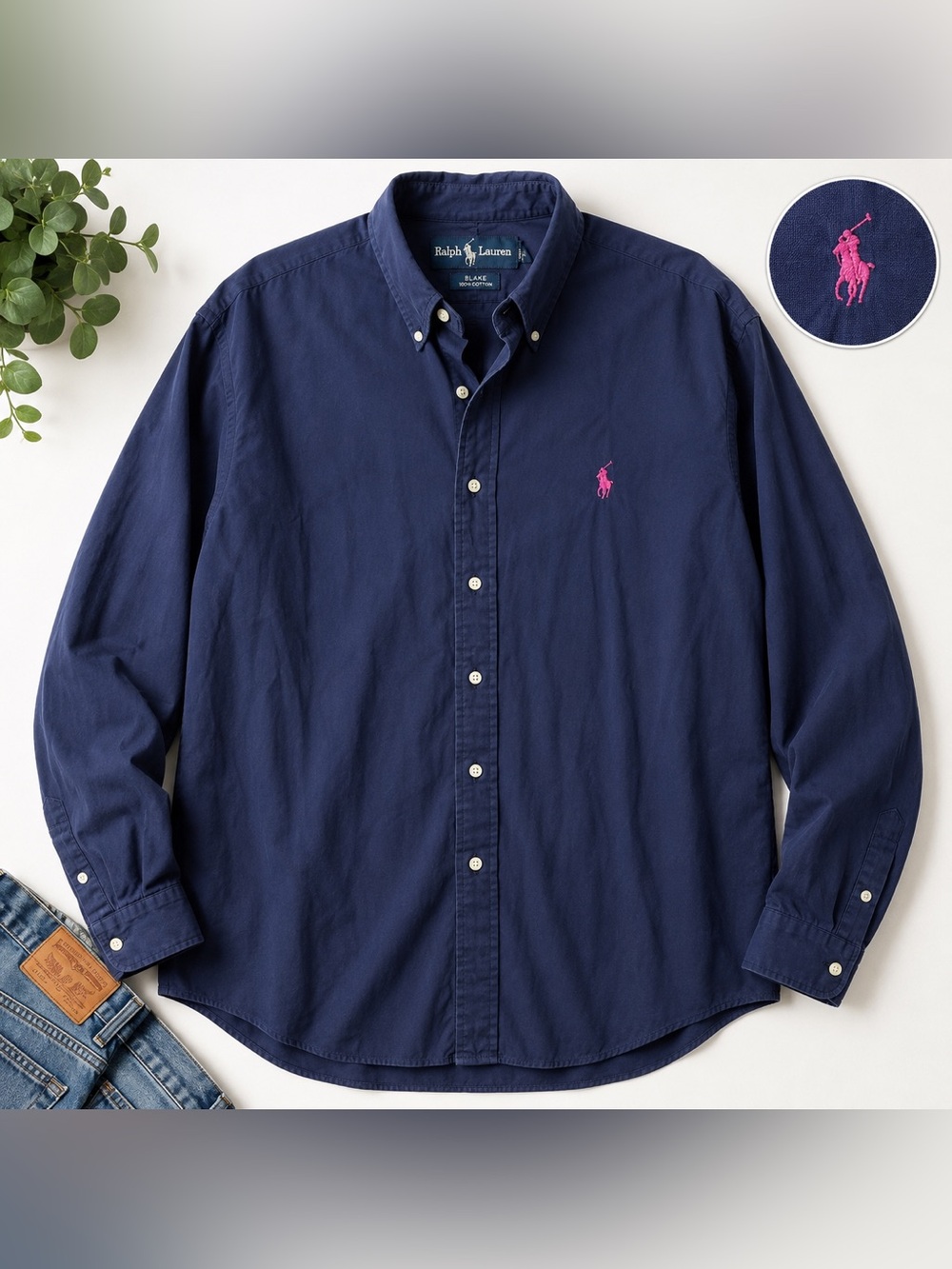 Ralph Lauren Blake XL Navy Button Down Shirt Pink Pony 100% Cotton